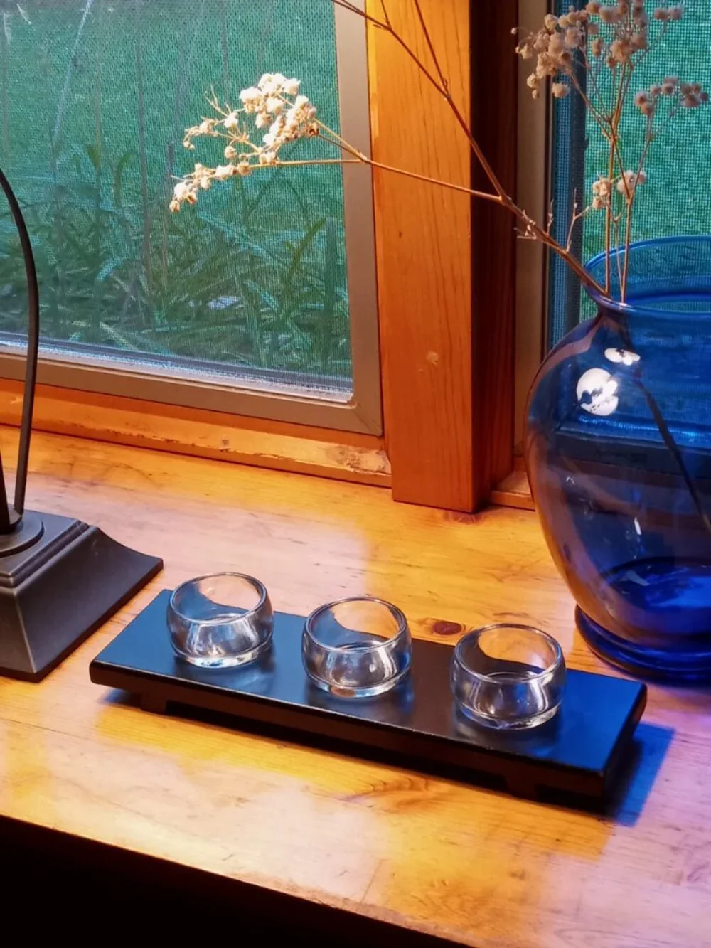 3-Cup Glass Votive/Tealight Candle Holder Centerpiece w/Black Wooden Tray Decor